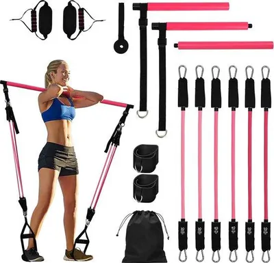 Produktbild von Famanu Pilates-Stange mit 6 Widerstandsbändern - verstellbar, mit Schaumstoffgriffen und Türanker