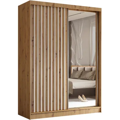Image de BEAUTYSOFA Armoire à lattes HELIX 160 cm - armoire de style moderne avec portes coulissantes et miroir (Artisan + White)