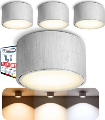 Produktbild von 4er Set SSC-LUXon CELI-X LED Aufbaulampen Alu gebürstet rund flach - 3CCT Lichtfarbe warmweiß neutralweiß kaltweiß - GX53 230V Decken Aufputzleuchten Innen 3W