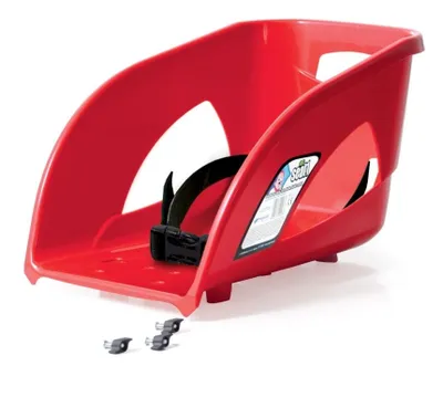 A red plastic child's sled seat with a black strap and buckle, shown on a white background.