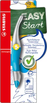 Image de Roller ergonomique pour gauchers - STABILO EASYoriginal metallic en bleu néon - stylo simple - couleur d'écriture bleu (effaçable) - cartouche incluse