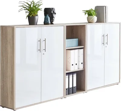 Produktbild von Aktenschrank TABOR 8 in Eiche Sonoma / weiß Hochglanz, Schrankwand, Büroschrank, abschließbar, Metallgriffe