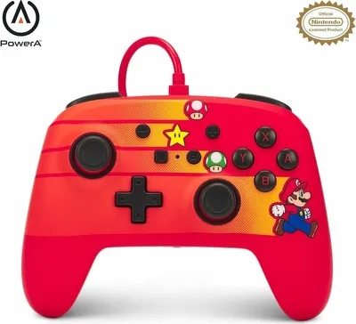 A red Nintendo Switch controller with Mario-themed graphics on a white background.