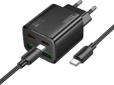 Produktbild von Hoco Ladegerät 30W USB-C + USB-A Netzteil | Schnellladegerät PD QC 3.0 | Handy Ladegerät schwarz für iPhone & Samsung Smartphone Ladeadapter inkl. USB Typ C Ladekabel
