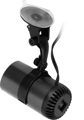 A black car heater with a suction cup mount and power cord, isolated on a white background.