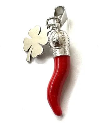 Stahl-Hänger mit rotem Horn & Kleeblatt, mittel, Edelstahl, Emaille