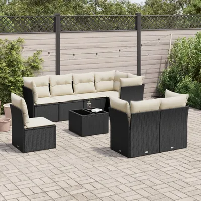 Produktbild von Design 9-tlg. Garten-Sofagarnitur mit Kissen Schwarz Poly Rattan, Gartenmöbel-Sets 2024 Neu