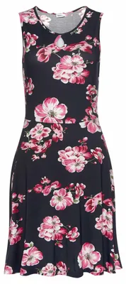 Produktbild von BEACH TIME Sommerkleid mit Blumenprint, tropfenförmiger Ausschnitt, taillenbetonter Schnitt marine-bedruckt Größe 42