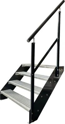 Obrázek produktu pro Mřížové ocelové příčkové schody 4 stupně Pozinkované a antracitové Práškově lakované boky + zábradlí vpravo - (d x š x v) 82cm x 80cm x 76cm