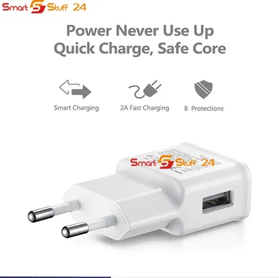 A white USB charger with text and icons describing its features.