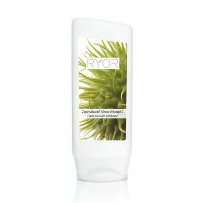 A white bottle of Ryor hair growth inhibitor with a green botanical illustration on a white background.