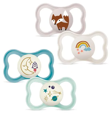 Produktbild von MAM Day & Night MAM Air Silikon Schnuller 16+ MAM Air Night // 4er Set // inkl. 2 Sterilisiertrasportboxen