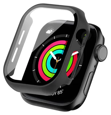 A black smartwatch protective case is shown on a smartwatch.