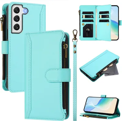 Image de Etui pour Samsung Galaxy S22 5G, zippé, étui portefeuille en cuirPolyuréthaneavec pochettes pour cartes, support et dragonne vert menthe
