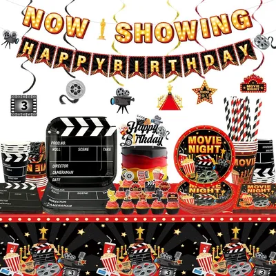 Immagine prodotto di Omgoods - Set per la decorazione di una serata cinema per 20 persone, con piatti, tovaglioli e striscione