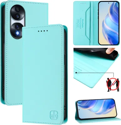 Produktbild von Lederhülle für Honor 70 Hülle Flip Brieftasche Kartenfächern Ständer Schutzhülle Türkis