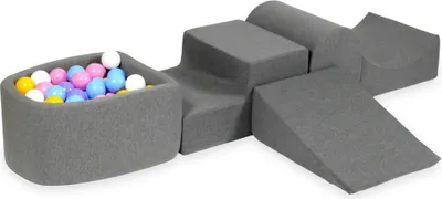 Produktbild von Schaumstoff-Spielset mit Hügel und Mikro-Bällepool – grau mit Bällebadbällen 100 Stück / hellblau, gelb, meliert, puderrosa, weiß