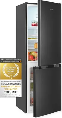 A black refrigerator with its door slightly ajar, revealing shelves stocked with food items. A badge is visible on the left side of the refrigerator.