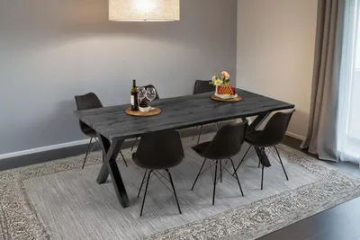 Produktbild von Esstisch Baumkante Holz-Optik Grau 220 x 100 X-Gestell schwarz JOSY, KI-generiertes Bild