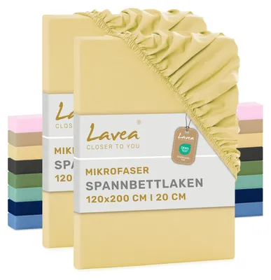 Produktbild von Lavea® Spannbettlaken 120x200 cm, Mikrofaser Spannbetttuch mit Rundumgummi, für Matratzen bis 35 cm, atmungsaktiv, 2er Set, Beige