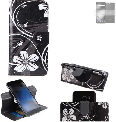 Produktbild von K-S-Trade Schutzhülle Handyhülle kompatibel mit Gigaset GS370 Plus Hülle 360° Wallet Case ''Flowers'' Klapphülle Hülle schwarz-weiß 1x