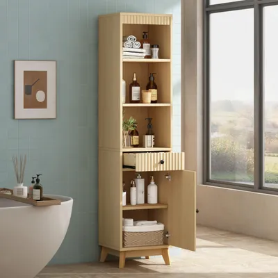 Produktbild von Merax Badezimmerschrank 172cm aus MDF, Badschrank mit Schublade und geriffelte Front, Hochschrank mit wendbare Tür, Soft-Close, Naturfarbe
