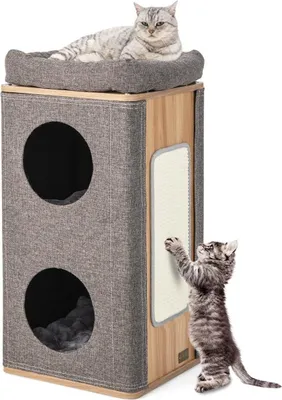 Image de Grotte pour chat à 3 niveaux avec griffoir et 3 tapis de jeu pour chats jusqu'à 20 kg gris + naturel