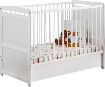 Produktbild von Kinderbett umbaubar - GUIZMO - Farbe mattweiß - Höhenverstellbares Bett mit Schublade und Matratze.
