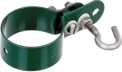 A single green metal clamp with a hook attached, shown against a white background.
