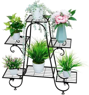 Obrázok produktu pre Kvetinový stojan Ibzoa® z kovu, trojposchodový stojan na kvety pre vnútorné aj vonkajšie použitie, čierna farba, rozmer 77 × 73,3 cm, stabilná konštrukcia so 4 nohami, 3 kusy