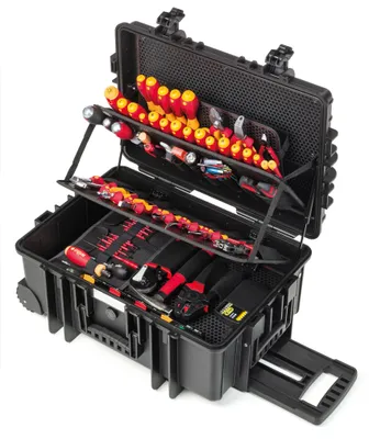 An open black tool case filled with various tools, including screwdrivers, pliers, and other electrical equipment. The case has multiple compartments and trays to organize the tools.