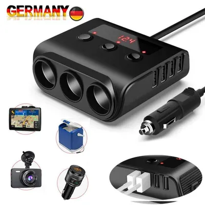 Produktbild von Zigarettenanzünder Auto KfZ Adapter 3 Fach Verteiler mit 4 USB 12V 24V Steckdose Ladegerät aus ABS Schwarz Kabel