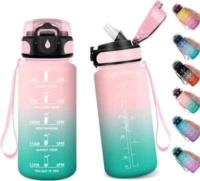 Produktbild von Trinkflasche Sportwasserflasche, 500 ml, Kinderflasche mit Strohhalm, Wasserflasche mit Zeitmarkierung, wiederverwendbare Flasche, Sportflasche, Wasse