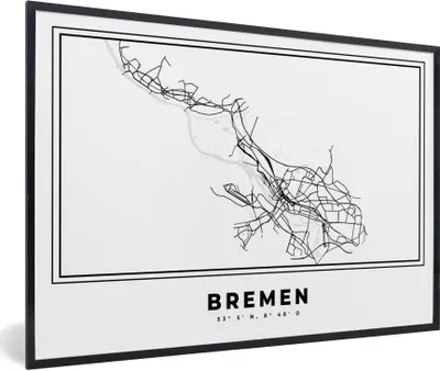 Produktbild von MuchoWow® Gerahmtes Poster Stadtplan - Bremen - Schwarz und weiß - Karte 90x60 cm - Poster mit Schwarzem Bilderrahmen Wandposter Rahmen Foto Bilder - Fotorahmen - Foto-Plakat