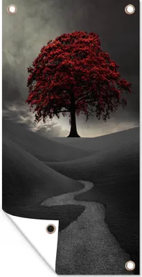 Produktbild von MuchoWow® 30x60 cm Outdoor-Poster Gartendeko Sichtschutz Garten Poster für den Garten  Ein Schwarz-Weiß-Foto mit einem großen roten Baum