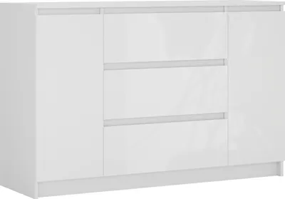 Zdjęcie produktu dla Komoda z szufladami, biały matowy, biały błyszczący, 120 x 39 x 78 cm, 2 drzwi, 3 szuflady