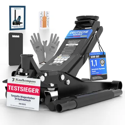 Immagine prodotto di Cric Tarpofix 3T idraulico - cric di manovra piatto per auto e SUV, altezza di sollevamento 85 - 475 mm, incluso cuscinetto in gomma e guanti