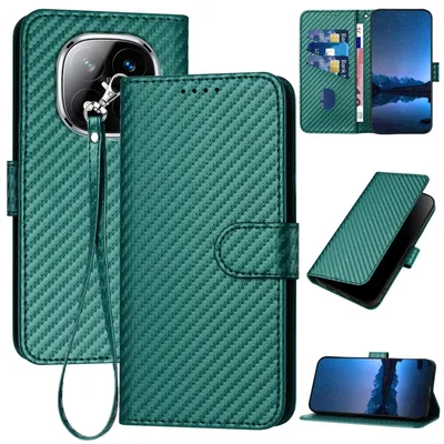 Image de Étui en similicuir et fibre de carbone avec lanière pour Xiaomi Redmi Note 14 Pro Plus 5G, vert