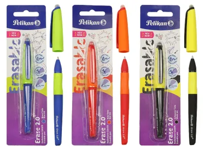 Produktbild von Pelikan Erase 2.0 Ergonomischer radierbarer Tintenroller, Tinte Schwarz, Rot und Blau, für Rechts- und Linkshänder, für die Schule, nachfüllbar, 3 Stück