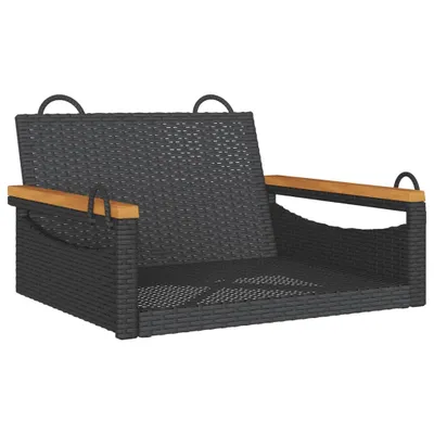 A black rattan hanging chair with wooden armrests, shown from a three-quarter angle against a white background.