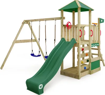 Image de WICKEY Tour de jeux Smart Savana avec balançoire & toboggan, maison de jeux avec échelle d'escalade & accessoires de jeux - vert