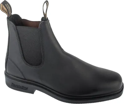 A black leather Chelsea boot is shown against a white background.