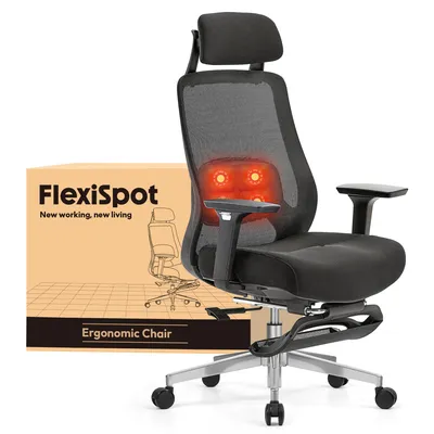 Image de FLEXISPOT MasterEase Chaise de bureau ergonomique avec massage shiatsu 3D, soutien lombaire réglable, coussin d'assise à mémoire de forme et repose-pieds extensible, noir