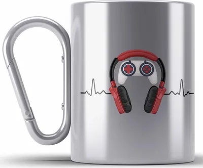Produktbild von Trendation - Gamer Edelstahl Tasse Karabiner Geschenk Herzschlag Zocker Geschenkidee Jungs Jungen Mitbringsel (Silber)