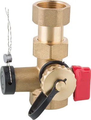 A close-up studio shot of a brass plumbing valve with a red handle and a black lever.