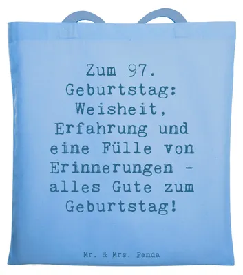 Produktbild von Mr. & Mrs. Panda Tote Bag Spruch 97. Geburtstag - Sky Blue - Geschenk, Shopping Tasche, Schultasche, Alter, Stoffbeutel, Happy Birthday, Tragetasche, Erinnerungen, Liebe