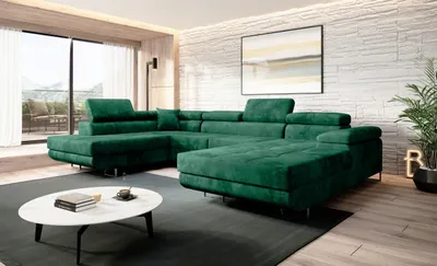 Produktbild von Easy4You Flaschengrün Ecksofa Varberg Velours in U-Form 345 x 72 x 205 cm mit Schlaffunktion und Bettzeugbehälter - Schlafsofa mit Bettkasten - Eckcouch mit Stauraum - Stoff: Monolith 37