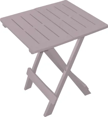 A light gray folding table with a slatted top and X-shaped legs, isolated on a white background.