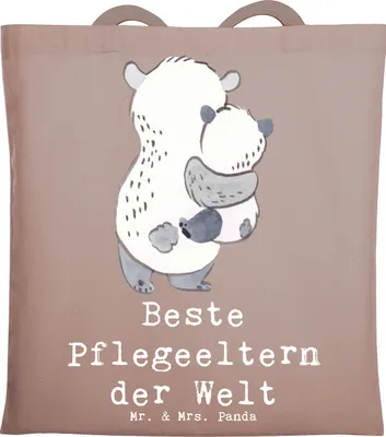 Produktbild von Mr. & Mrs. Panda Schultasche Panda Beste Pflegeeltern der Welt - Braun Pastell - Geschenk, Laptoptasche, Eltern, Mama, Stoffbeutel, Geschenkidee, Papa, Dankeschön, Tasche