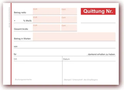 Produktbild von 5 x Formularbuch Quittungsblock A6 mit 50 Blatt, rot, (5 Stück) Quittungsblöcke, Quittung inklusive Mehrwertsteuer Betrag netto + MwSt Gesamt brutto